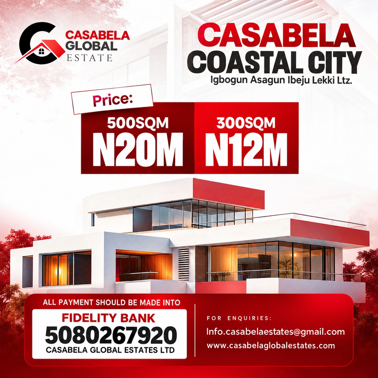 Casabela Coastal City flyer showing 500sqm plots at ₦20M and 300sqm plots at ₦12M